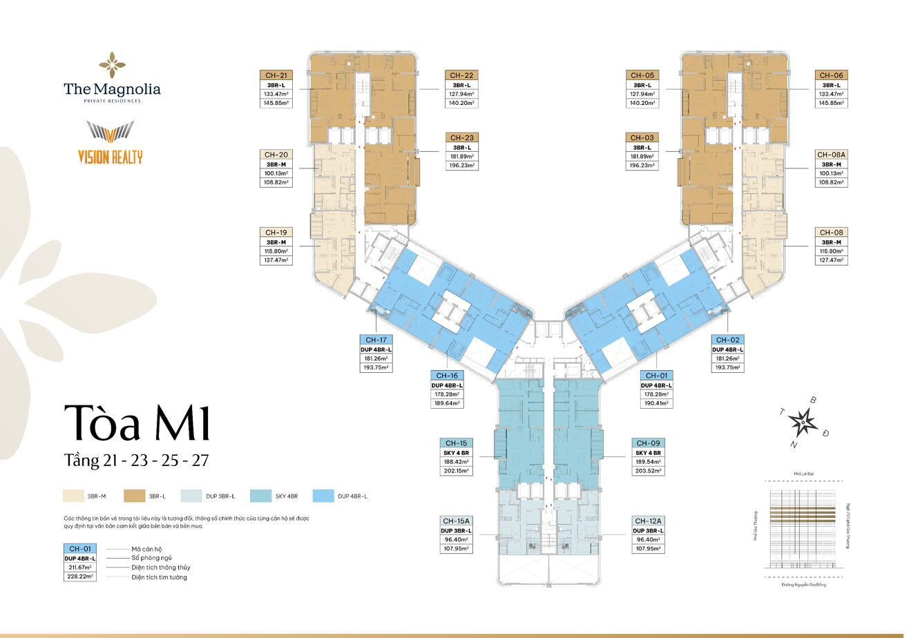 Mặt bằng tầng 21, 23, 25, 27 tòa M1 The Magnolia Long Biên