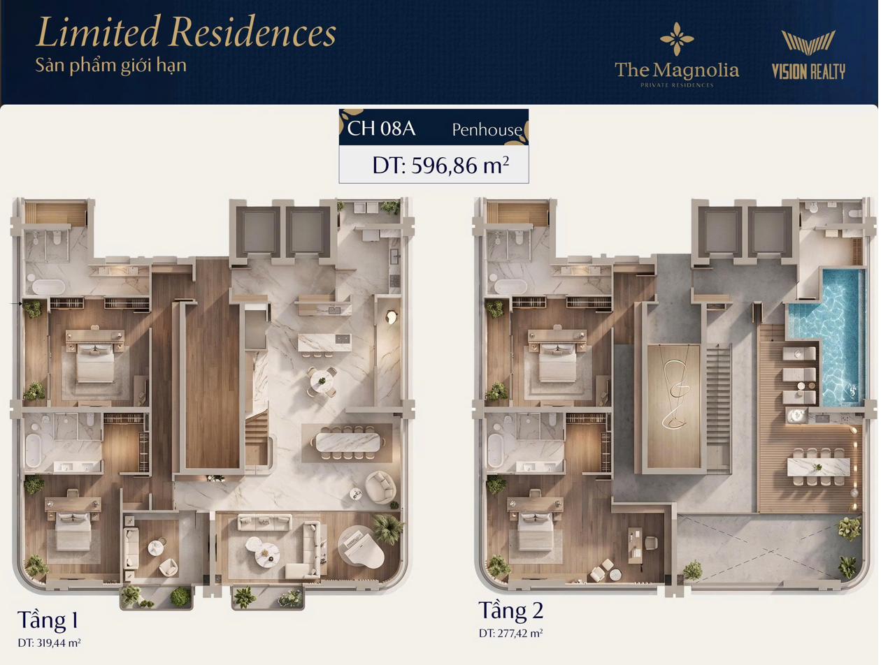 Mặt bằng 3D căn CH08A Penthouse Limited Residences The Magnolia Long Biên 596,86m²